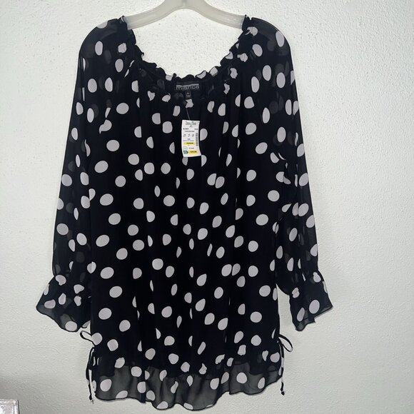 Mishca Tunic Blouse XL Black White Polka Dot Off Shoulder  Ruffles Sleev Bottom - Picture 1 of 11